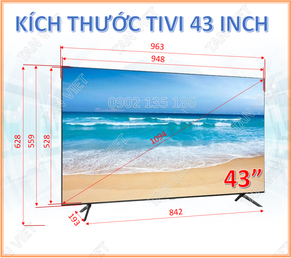 Kích thước Tivi 43 inch Tân Việt cho thuê